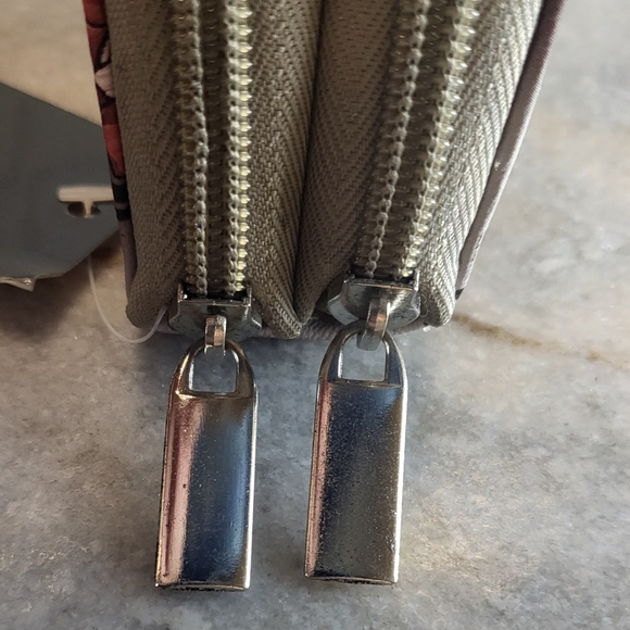 Floral Women Long Wallet Clutch Double Zip Wristlet Brown Pink Flowers - Picture 3 of 5